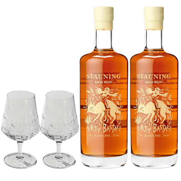 Oplev Stauning Dirty Bastard med Stil – Eksklusiv Pakke med 2 Flasker og 2 Whiskyglas